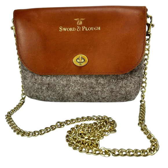 sword & plough Handbags - SWORD & PLOUGH Grey Wool Crossbody Bag - Brown Leather Gold Chain